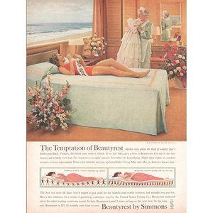 1961 Simmons Beautyrest Mattress Vintage Print Ad Beach Pageant Queen Temptation